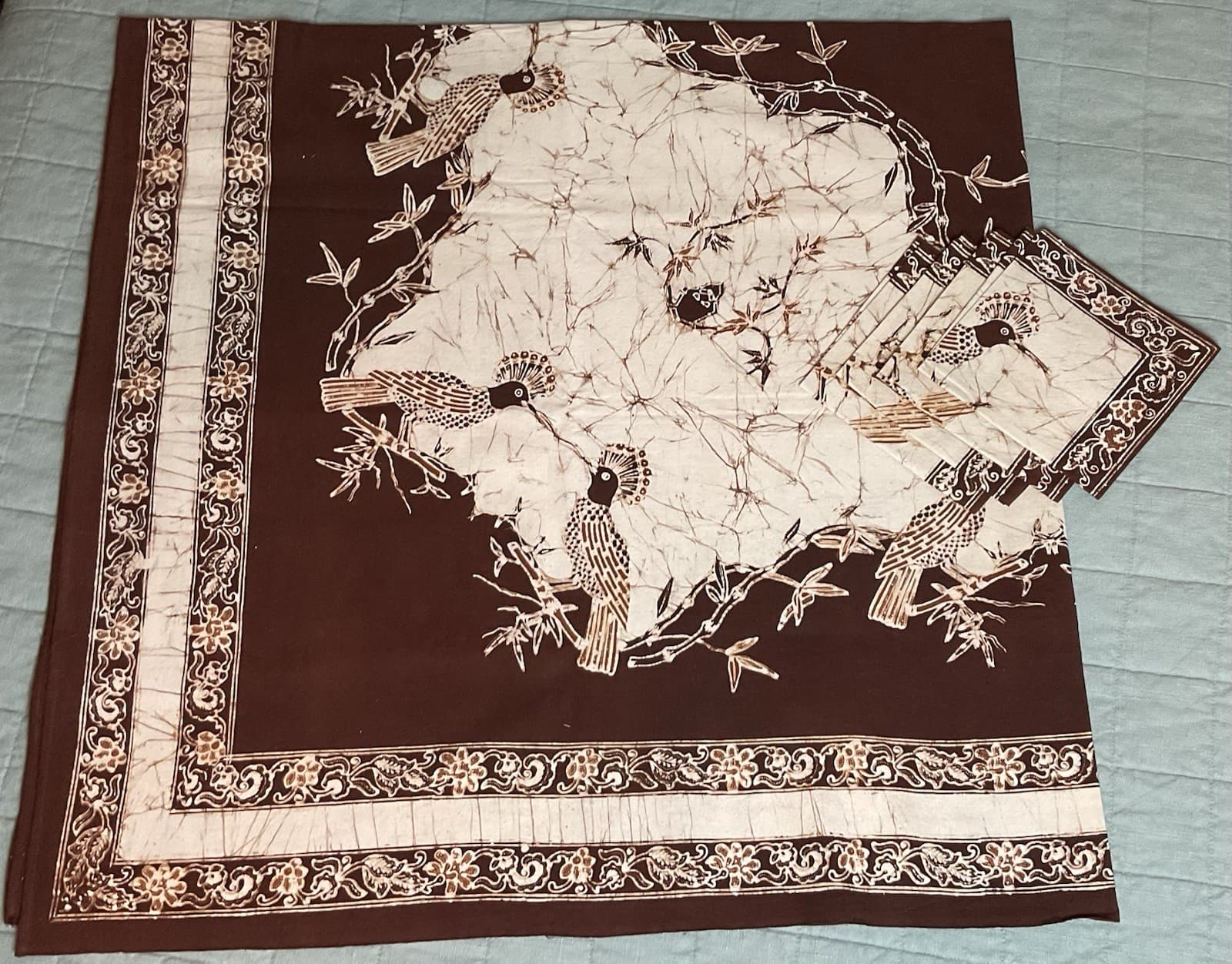 Vintage Indonesian Java Batik Print Tablecloth & Napkin Set - Birds NWOT 2
