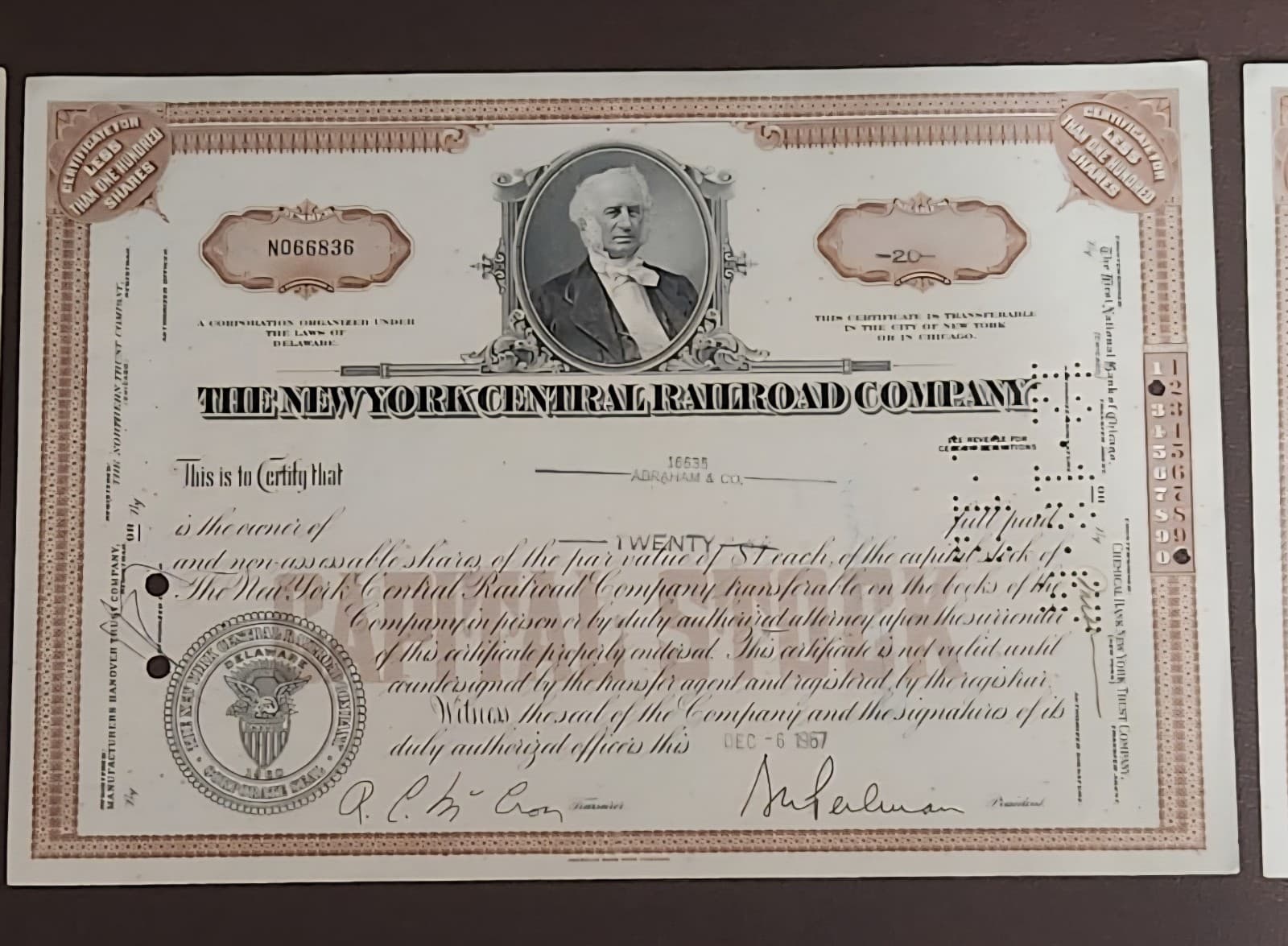 Vintage NEW YORK CENTRAL RAILROAD CO. Stock Certificates  1960s