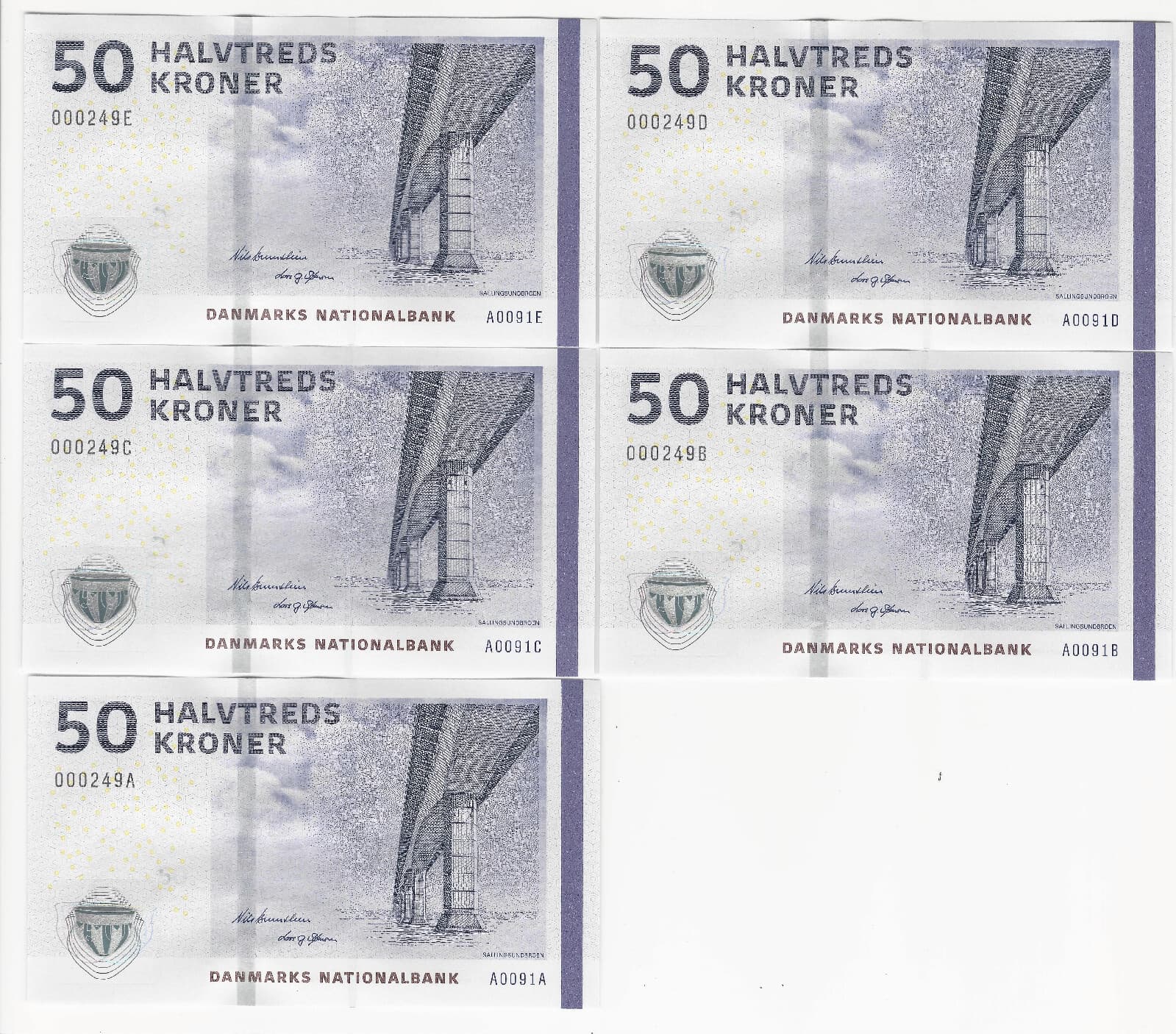 DENMARK 50-krone Banknotes from 2009 Gov't. Pack:  13 Low Consecutive Numbers 4