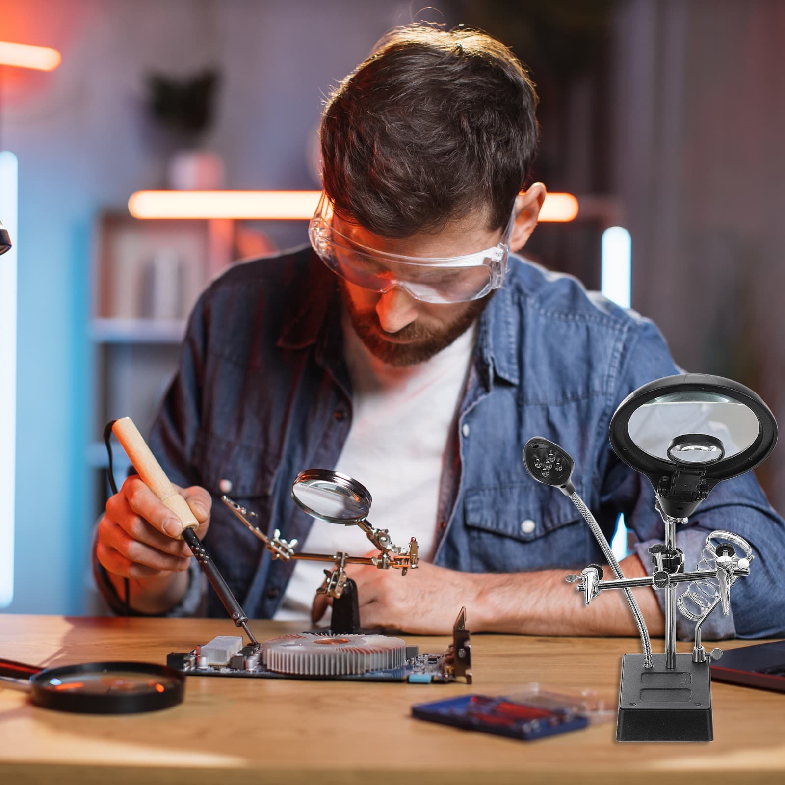 Solder Helping Hand Tool with 2.5X 7.5X 10X Magnifying Glass,2 Alligator Clip 6