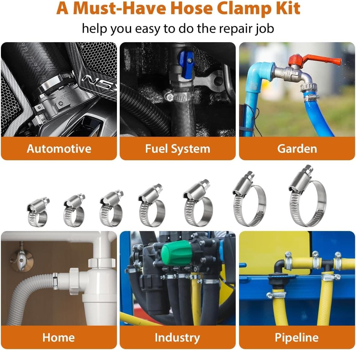 100 PCS Heavy Duty Stainless Steel Hose Clamps Assortment Kit 1/4"- 1-1/2"(6-38M 6