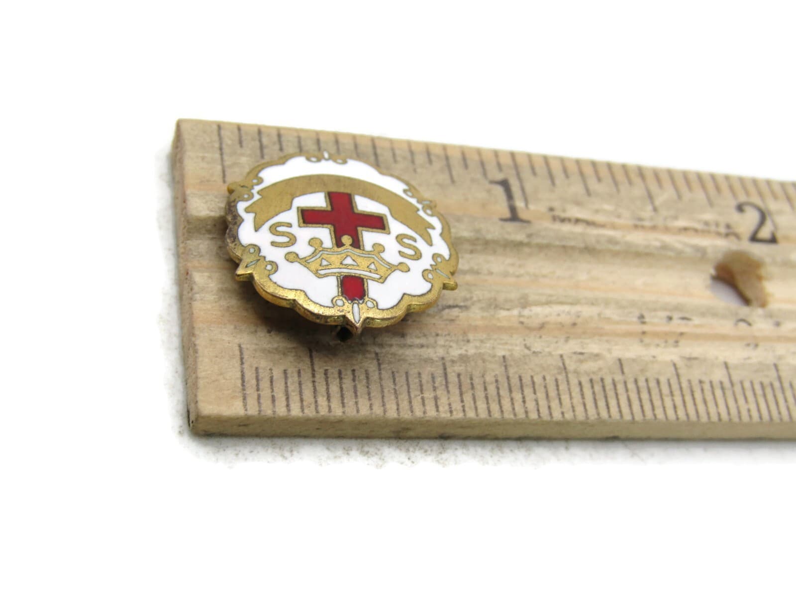 S. S. Cross Crown Pin White Red & Gold Tone 4