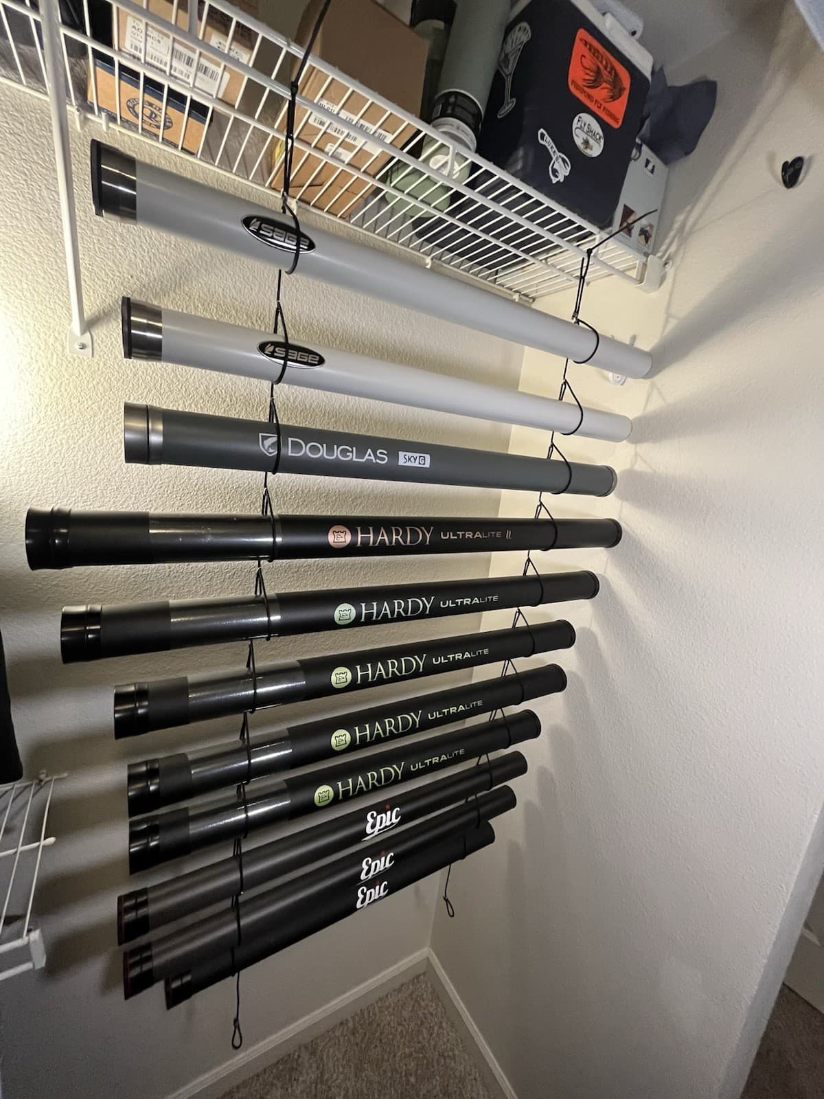 FLY ROD TUBE STORAGE RACK FOR WALL & CLOSET, PORTABLE, PACKABLE, ATTRACTIVE, NEW 5