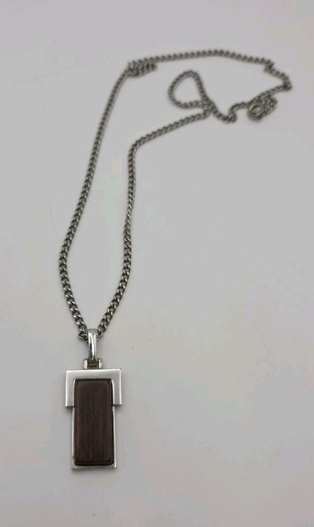 Vintage Avon 1979 Dark Wood Rectangle Modernist Silver Tone Pendant on 20" Chain 3