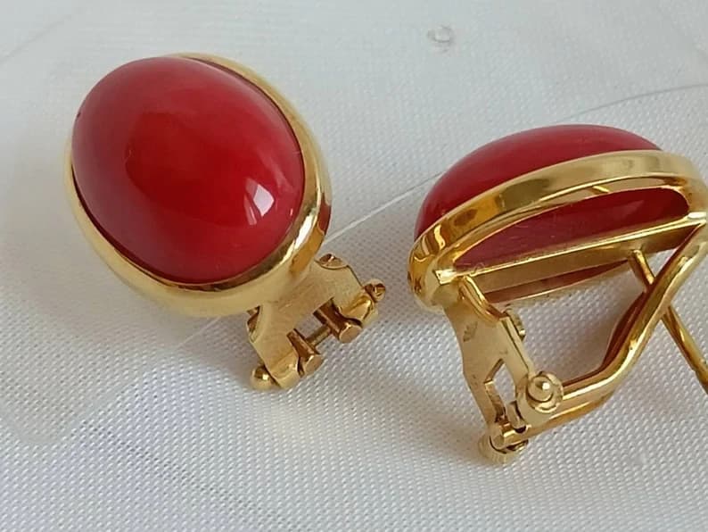Estate Sardinia Red Coral 18K Yellow Gold Over Clip-On Studs Earrings Good Luck 2