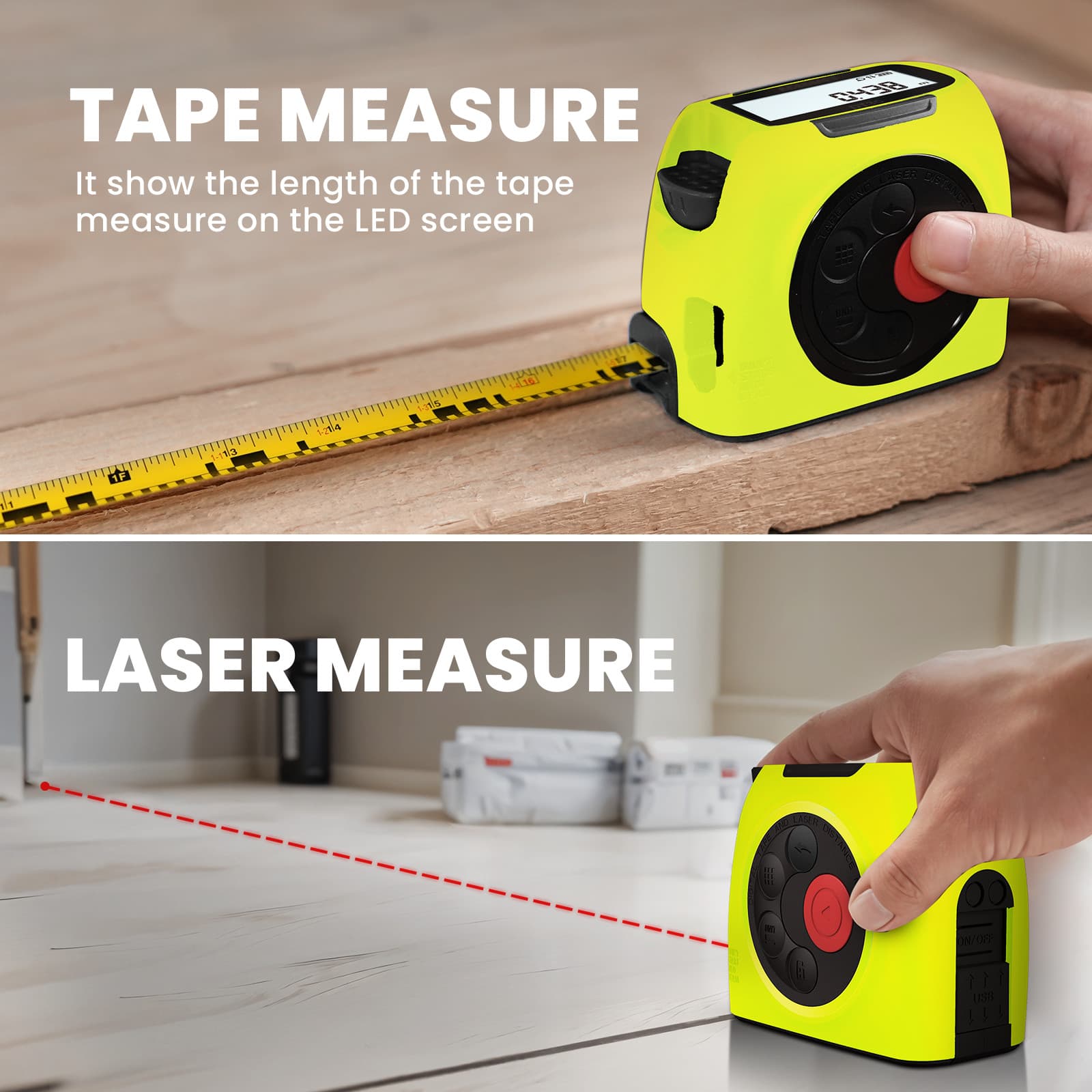 2-in-1 Laser Tape Measure 131ft Rechargeable Laser Measurement Tool Unit Switch 3