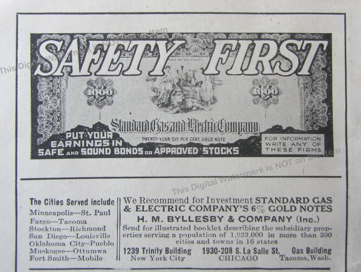 1916 Ad Standard Gas + Electric Co 6% Gold Notes Public Utility H.M. Byllesby Co