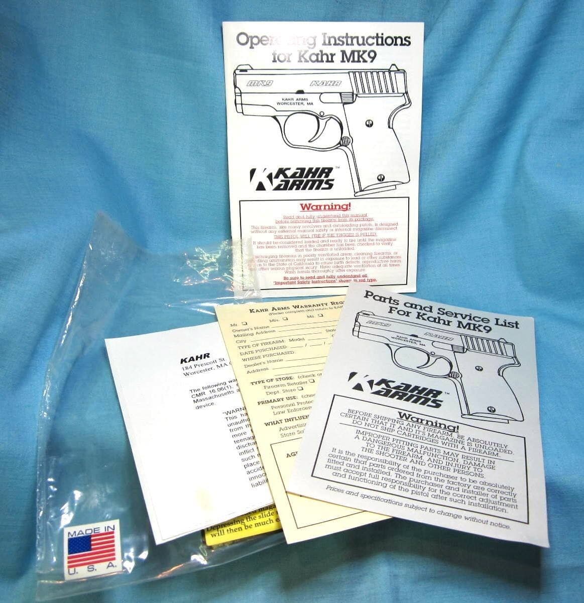 KAHR MK9 Original Owners Instruction Safety Manual & Papers - dated 1997