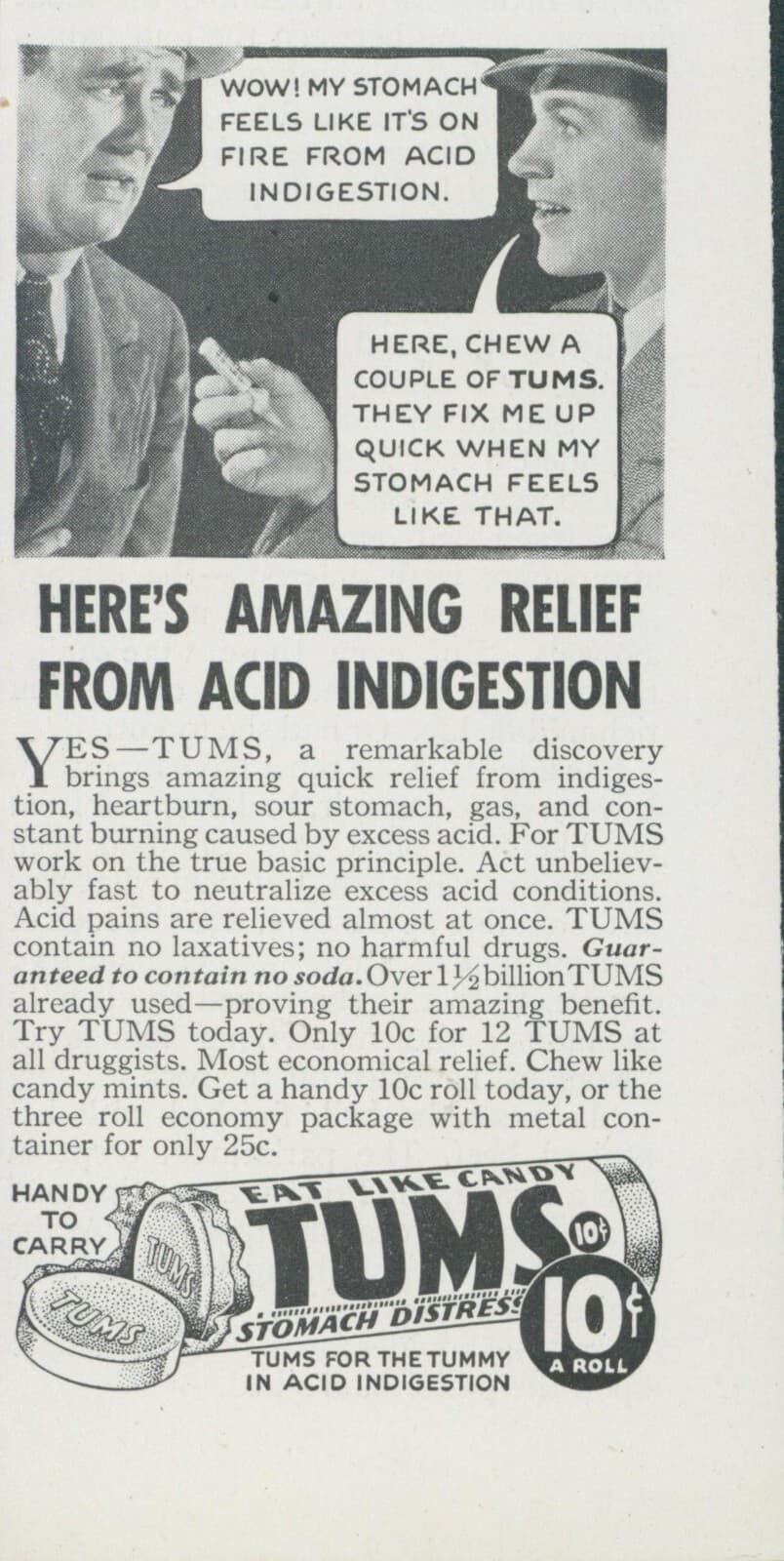 1938 Tums Distressed Man Acid Indigestion Eat Like Candy Vintage Print Ad LHJ2