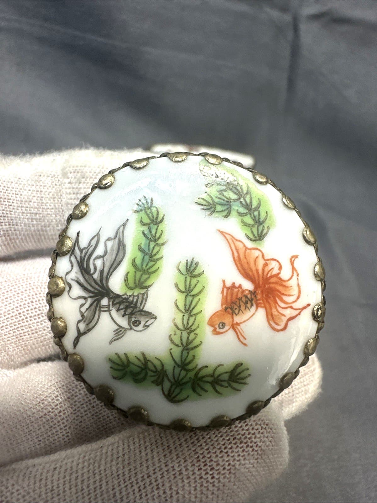 Vintage Cloisonne Enamel Silver Porcelain Chinese Mirror Trinket Boxes lot of 2 2