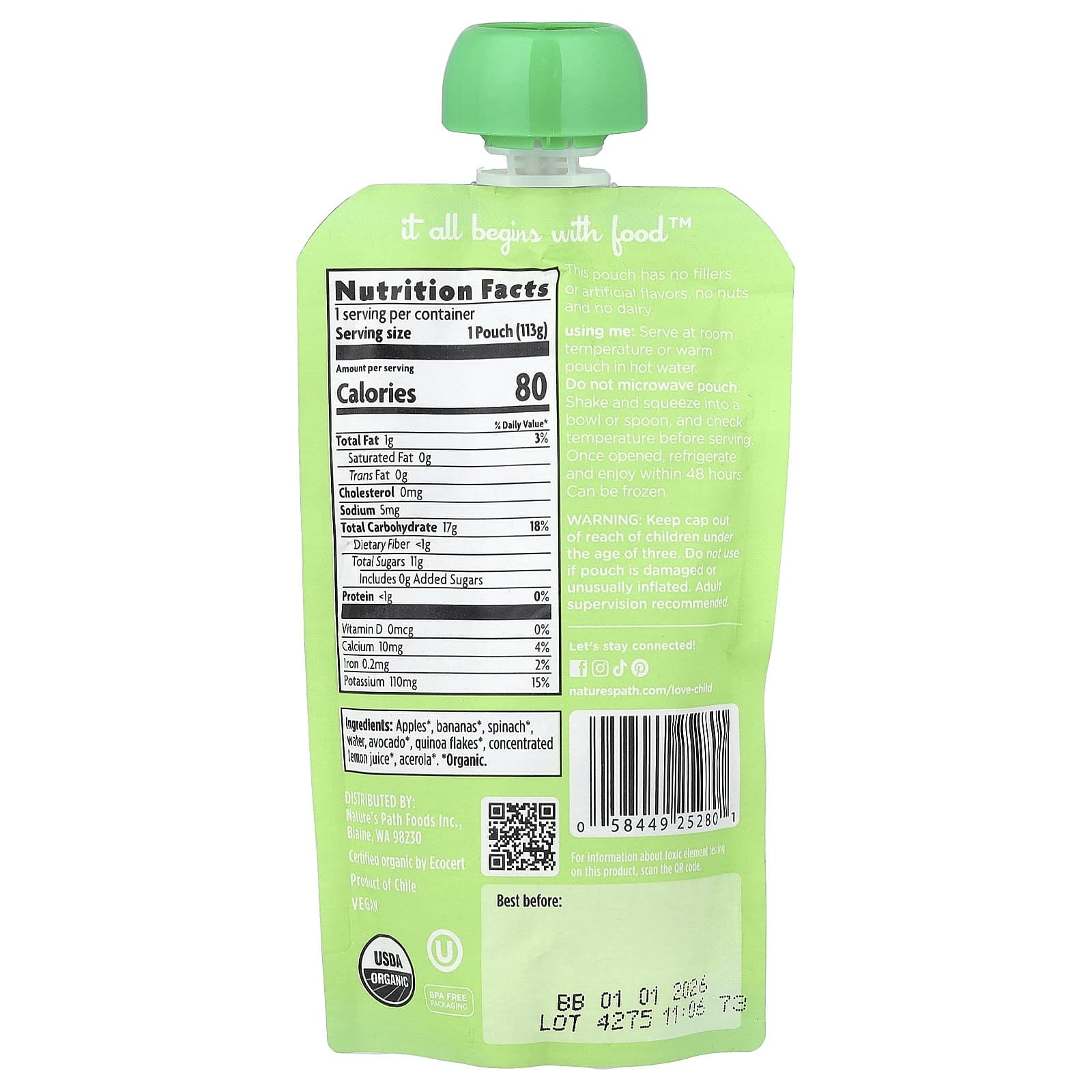 Nature's Path, Organic Baby Puree, 6 Months+, Apples, Bananas, Spinach, Avocado, 2