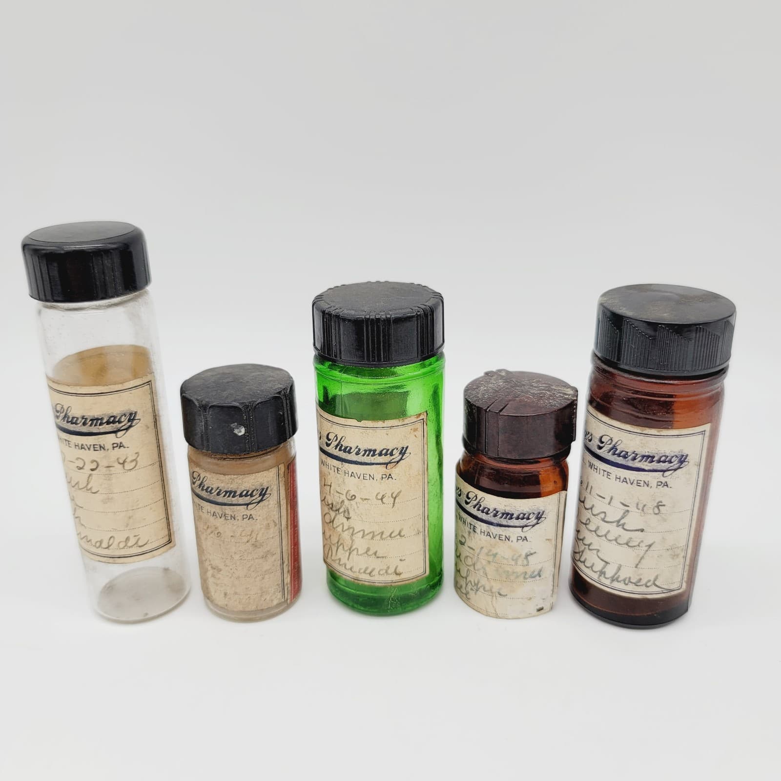 5 Vtg Glass Pharmacy RX Prescription Medication Pill Bottles 1940s Odd Fellows  4