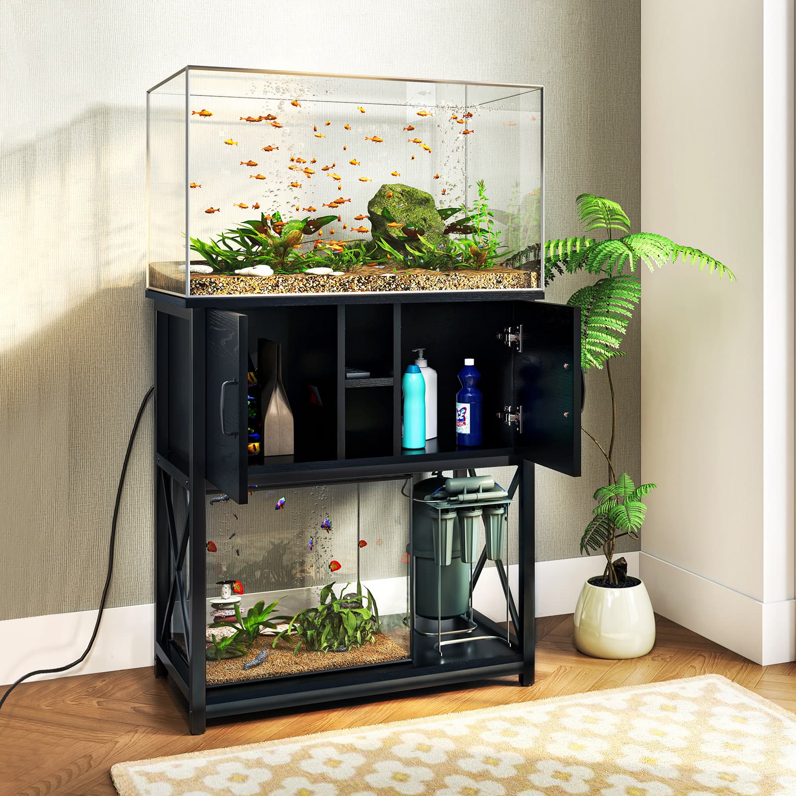 TC-HOMENY 29 Gallon Aquarium Stand Cabinet with Charging Station Fish Tank Stand