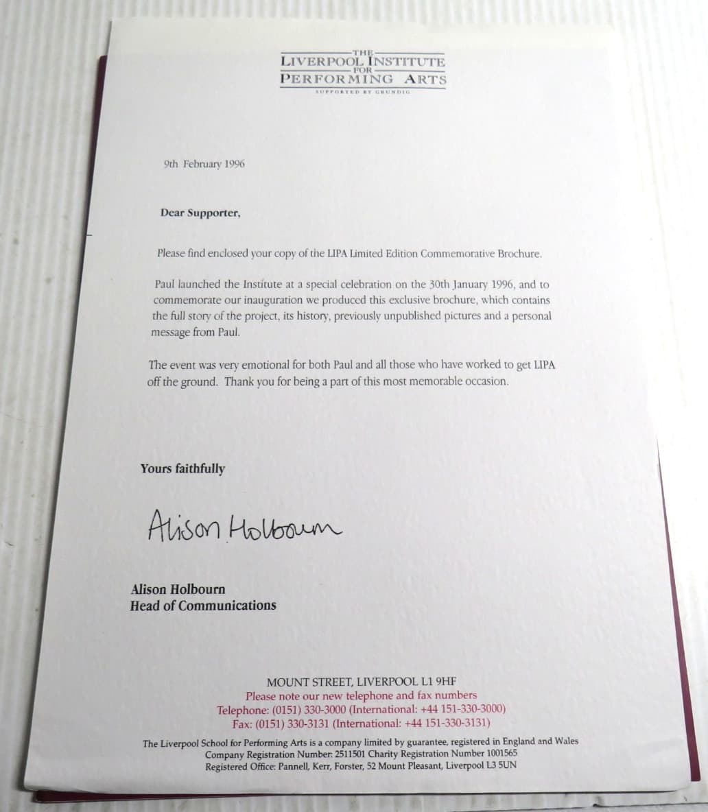 Liverpool Institute Performing Arts Center Limited Edition Brochure McCartney 4