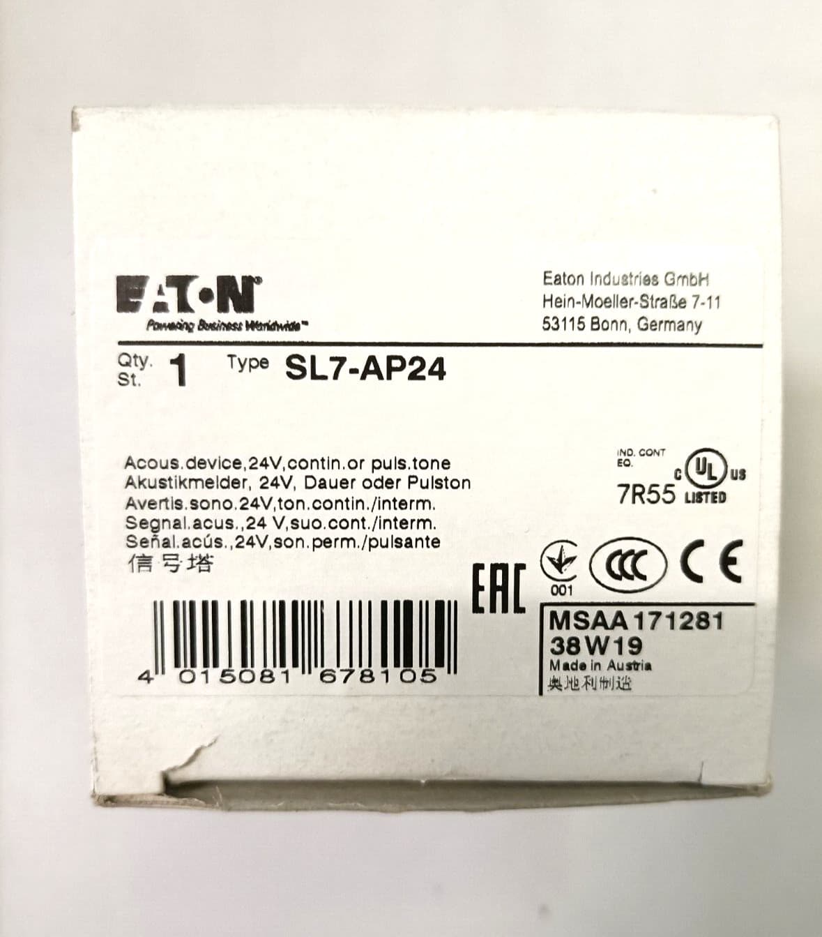 EATON SL7-AP24 Acoustic Module Continuous Tone or Pulse Tone 171281 EAN: 4015081678105 2