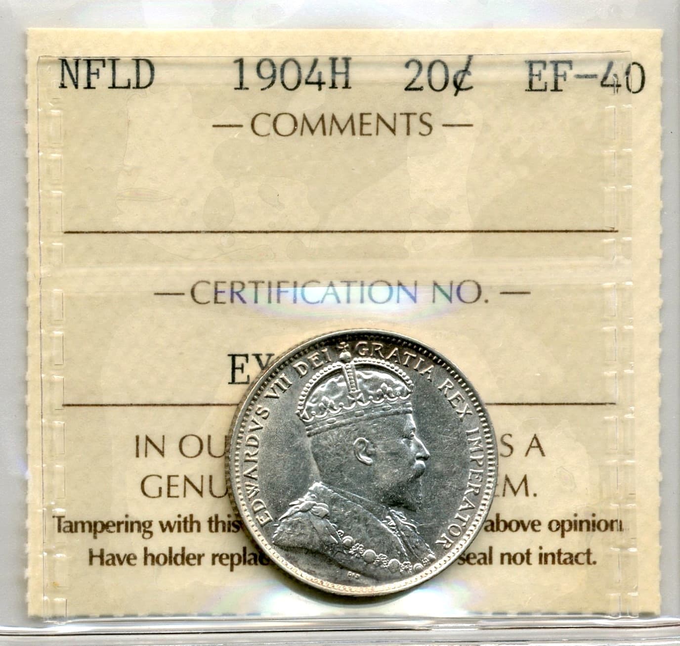 1904H Newfoundland 20 Cents - Extremely Fine, ICCS EF40 2