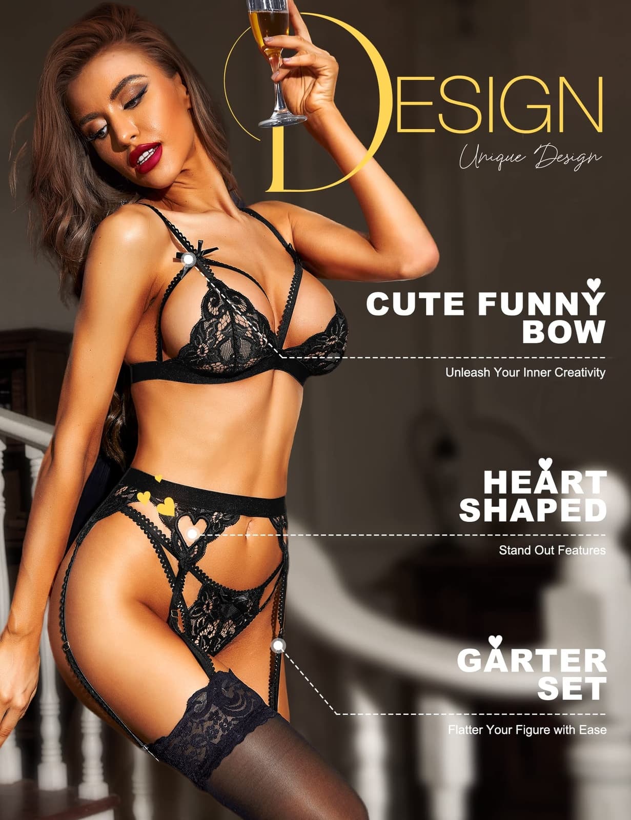 Women's Lace Babydoll Lingerie Set 3 Piece Teddy Bodysuit with Garter Belt 3