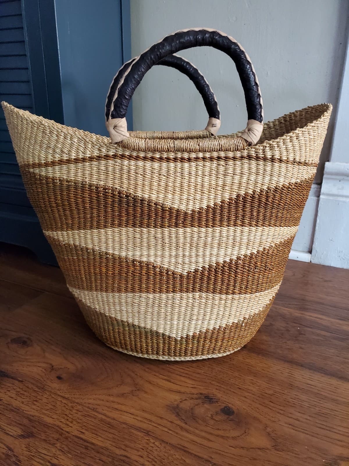 Handmade Large Woven Straw Leather Handle Bolga Market Tote Bag 6