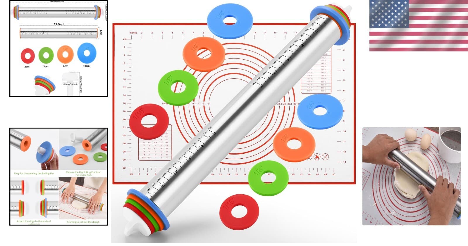 Elegant 17-Inch Stainless Steel Rolling Pin with Non-Slip Silicone Baking Mat 2