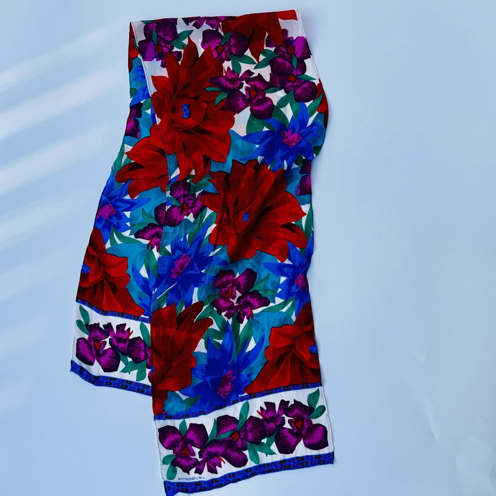 Vintage Unisex Liz Claiborne Rectangular Scarf Neck Floral Red Blue 52” X 10” 2