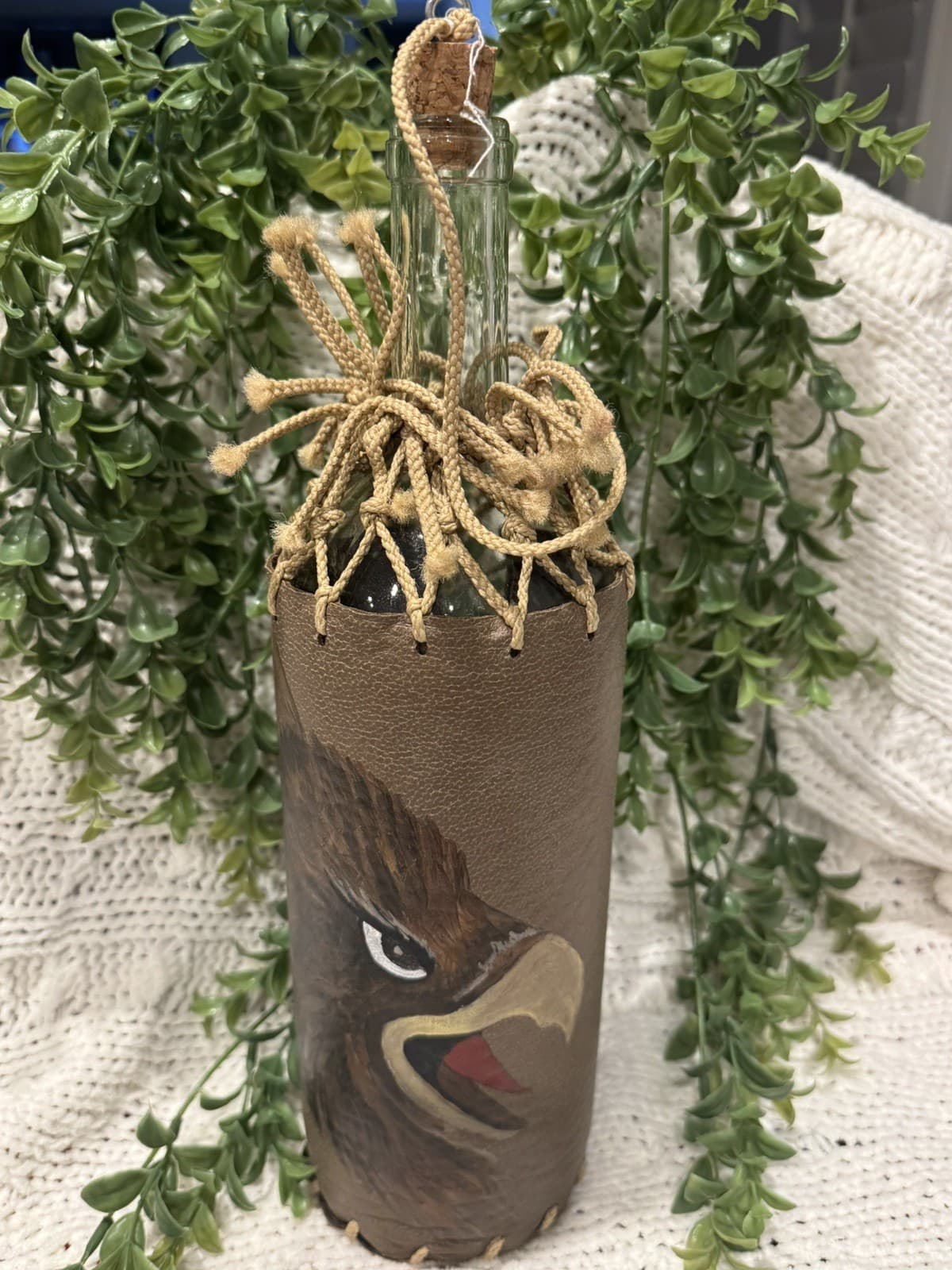 Handcrafted One-of-a-Kind Leather Wrapped Bottle W/Eagle Another Realm Las Vegas