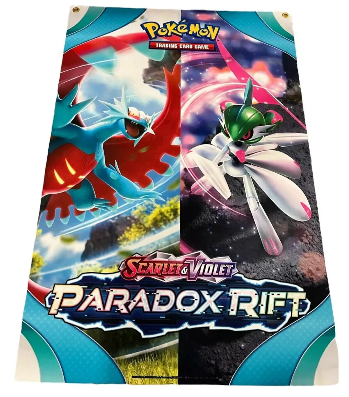 Pokemon Paradox Rift Promotional Fabric Banner 24"x36" Iron Valiant Roaring Moon