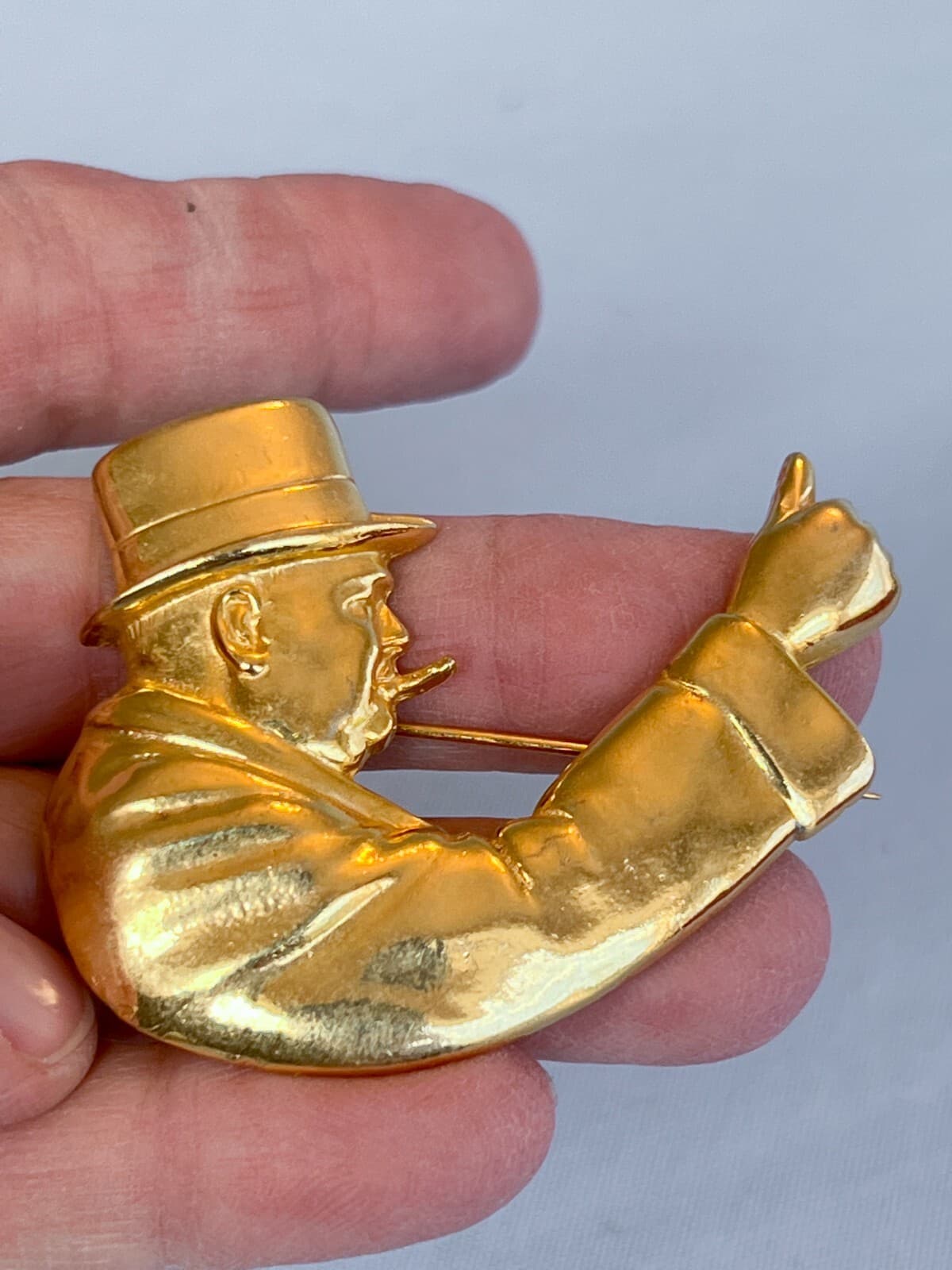 Rare Large 1960 Gold Plated Handmade Winston Churchill Pin by Polcini WWII 2