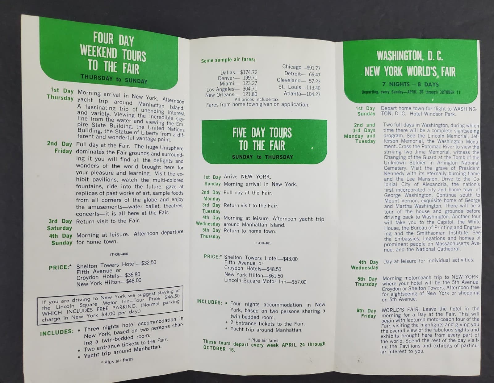1964 New York Worlds Fair Tours Washington DC Air Fare Vintage Travel Brochure 2