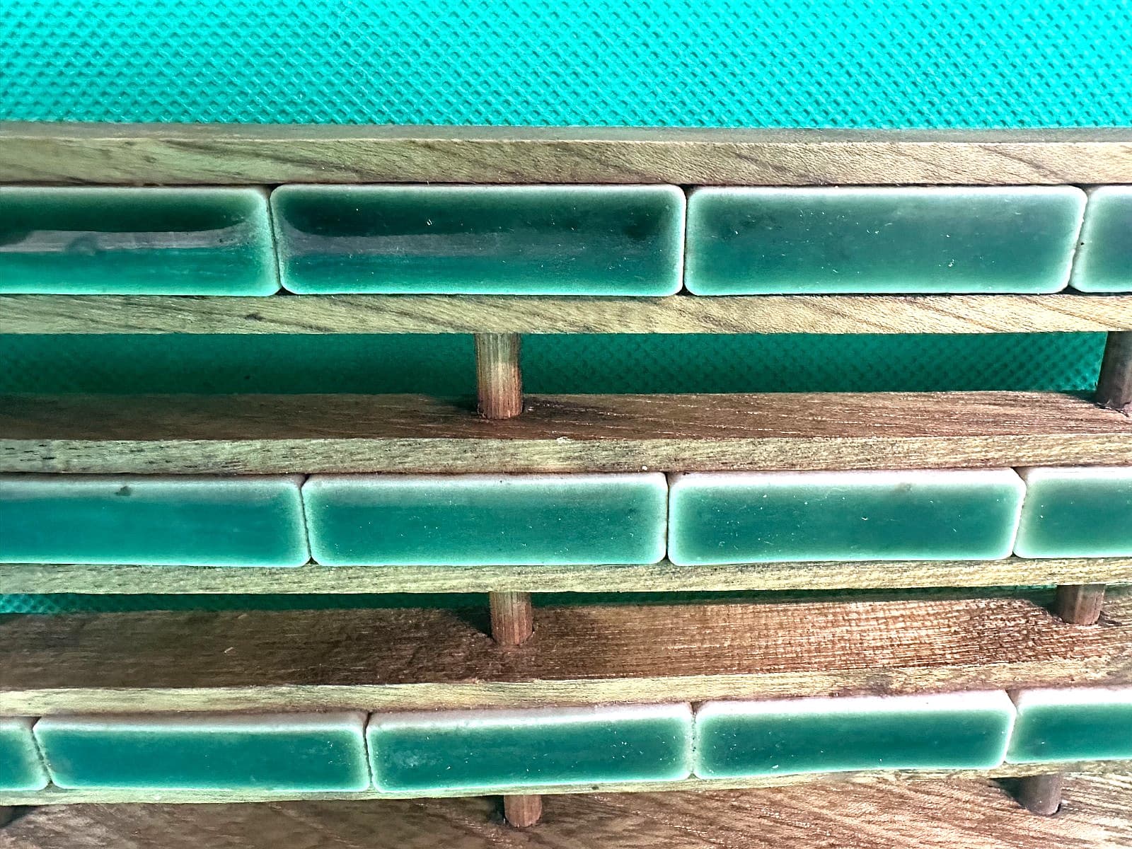 Teak and Ceramic Trivet with Handle. Base 8" X 6". Handle 4" 3