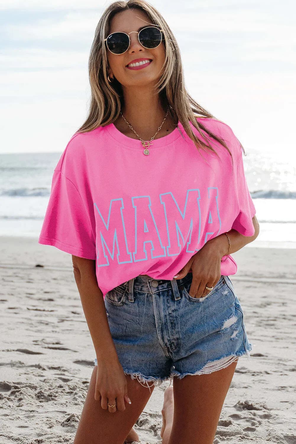 Bright Pink MAMA Letter Graphic Neon T Shirt 5