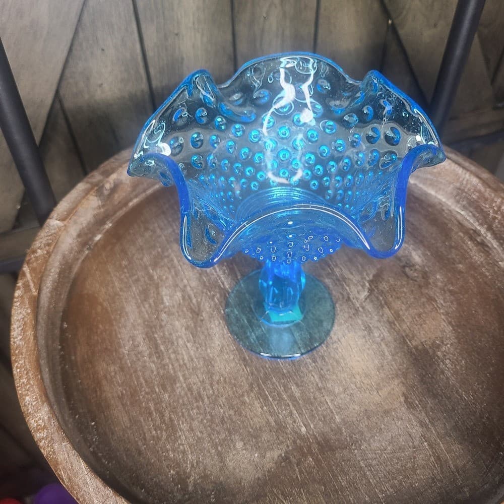 Vintage Fenton Pressed Glass Hobnail Tourqoise Glass Ruffled Edge Compote 6 x5 2