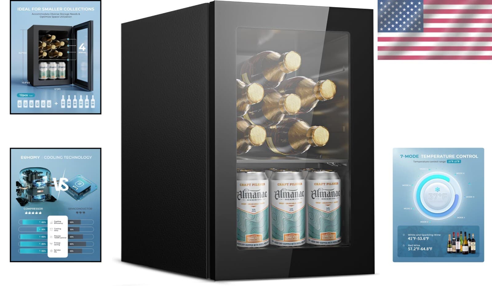 Whisper-Quiet 18L Wine and Beverage Cooler with Removable Shelves – 37°F-57°F 2