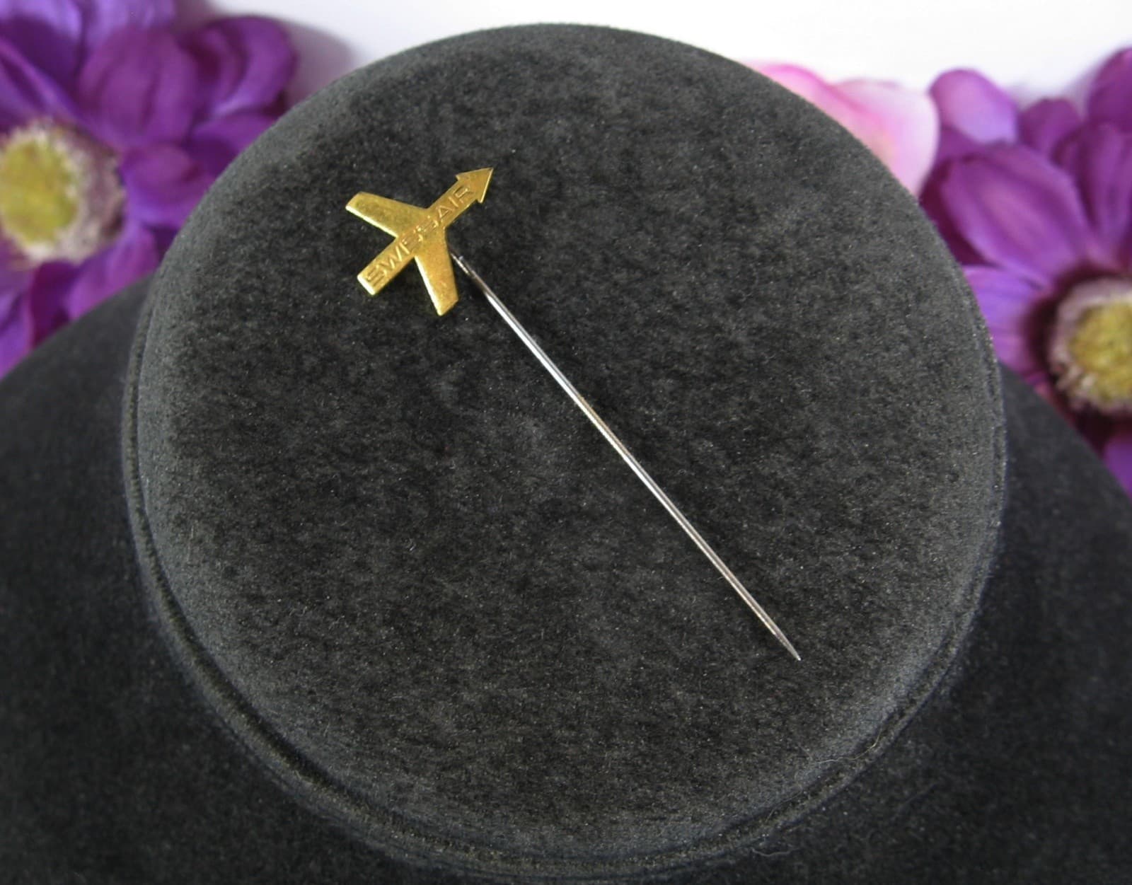 Vintage SWISSAIR AIRLINES Stickpin Huguenin Le Locle Swiss Airplane BRASS 2 1/8"