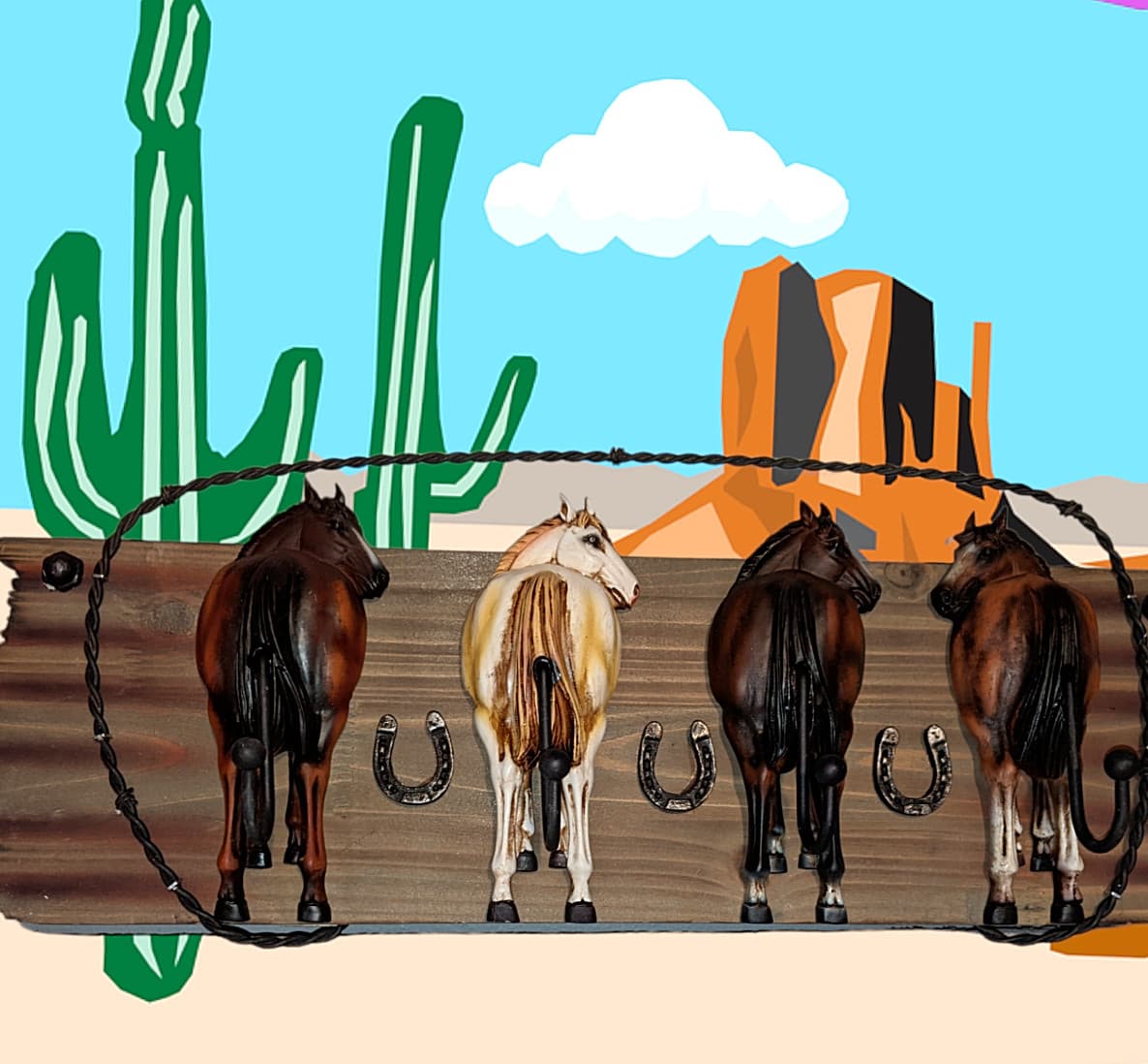 Horses Coat Hat Rack Car House Keys Holder Horseshoes Country Western 22”x 8"