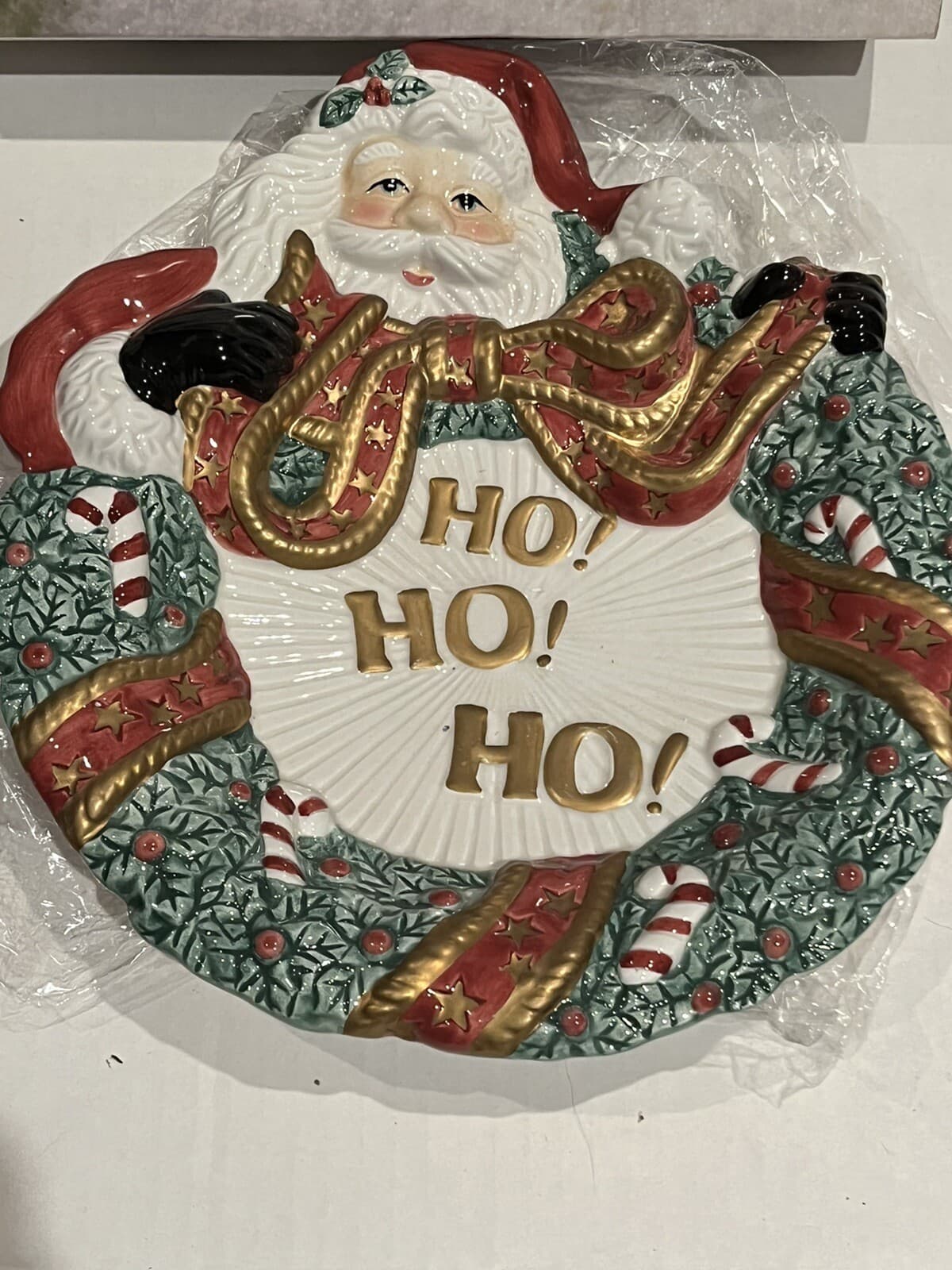 VTG Santa Canapé Plate Wreath Ho Ho Ho  8.25x9.75 ORIGINAL box Fitz And Floyd