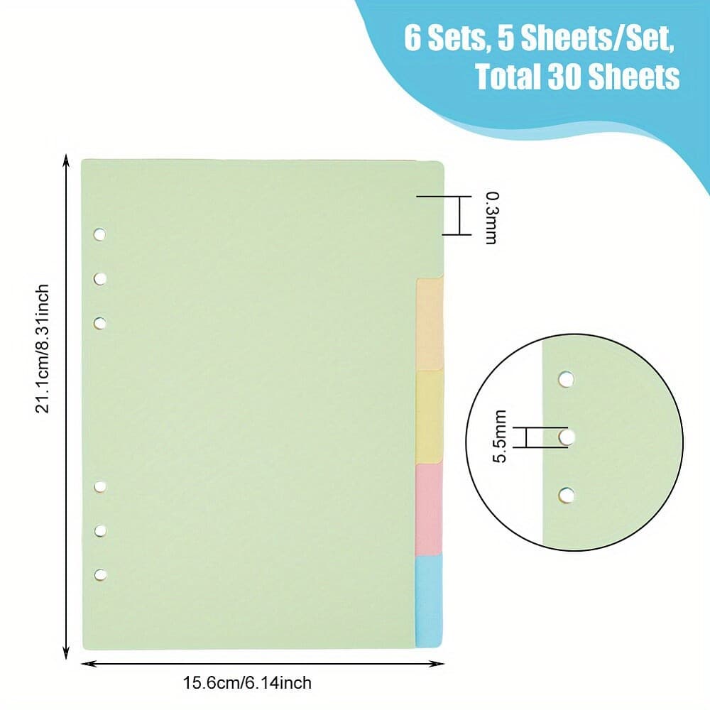 6sets 30 Sheets 5-Tab Binder Dividers A5 6-Hole Binder Dividers 8.3x6.14inch A5 2