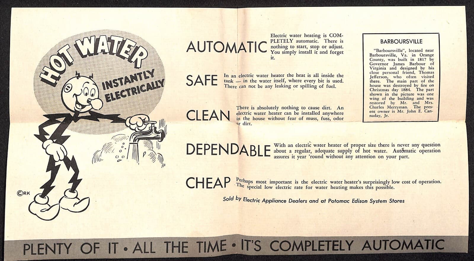 Potomac Edison Power Reddy Kilowatt 1948 "Hot Water Instantly" Calendar Scarce 2