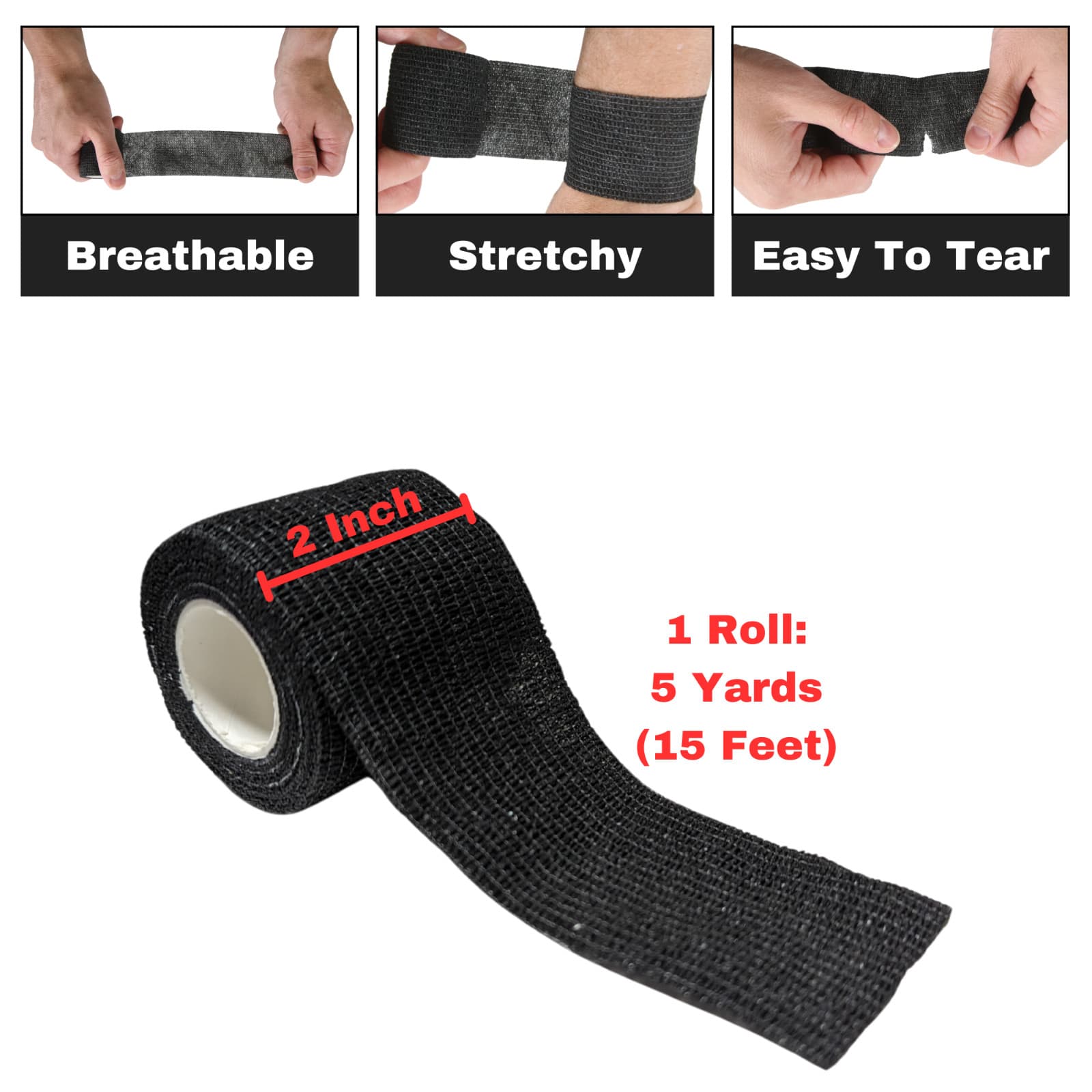 24 Count Black Self Adhesive Bandage Wrap, 2" x 5 Yards (15 feet) Tape 3