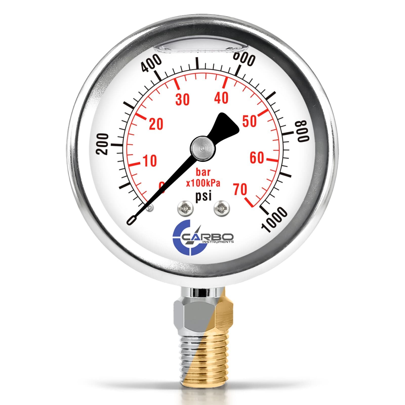2-1/2" Pressure Gauge, Stainless Steel Case, Liquid Filled, Lower Mnt 1000 PSI