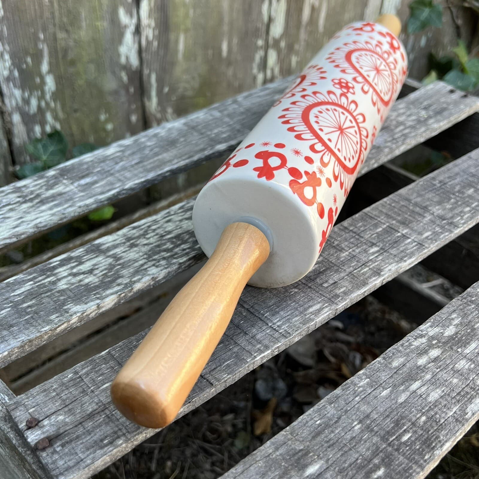 Anthropologie Rolling Pin Ceramic Folk Art Mandela  Chicken Pattern  4