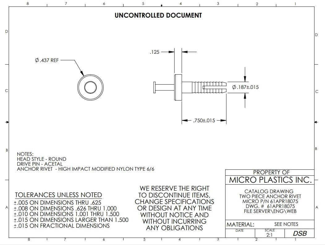 X10 61APR18075 MICRO PLASTICS ESSENTRA WHITE PLASTIC PUSH PIN RIVET 3/16 HOLE 3