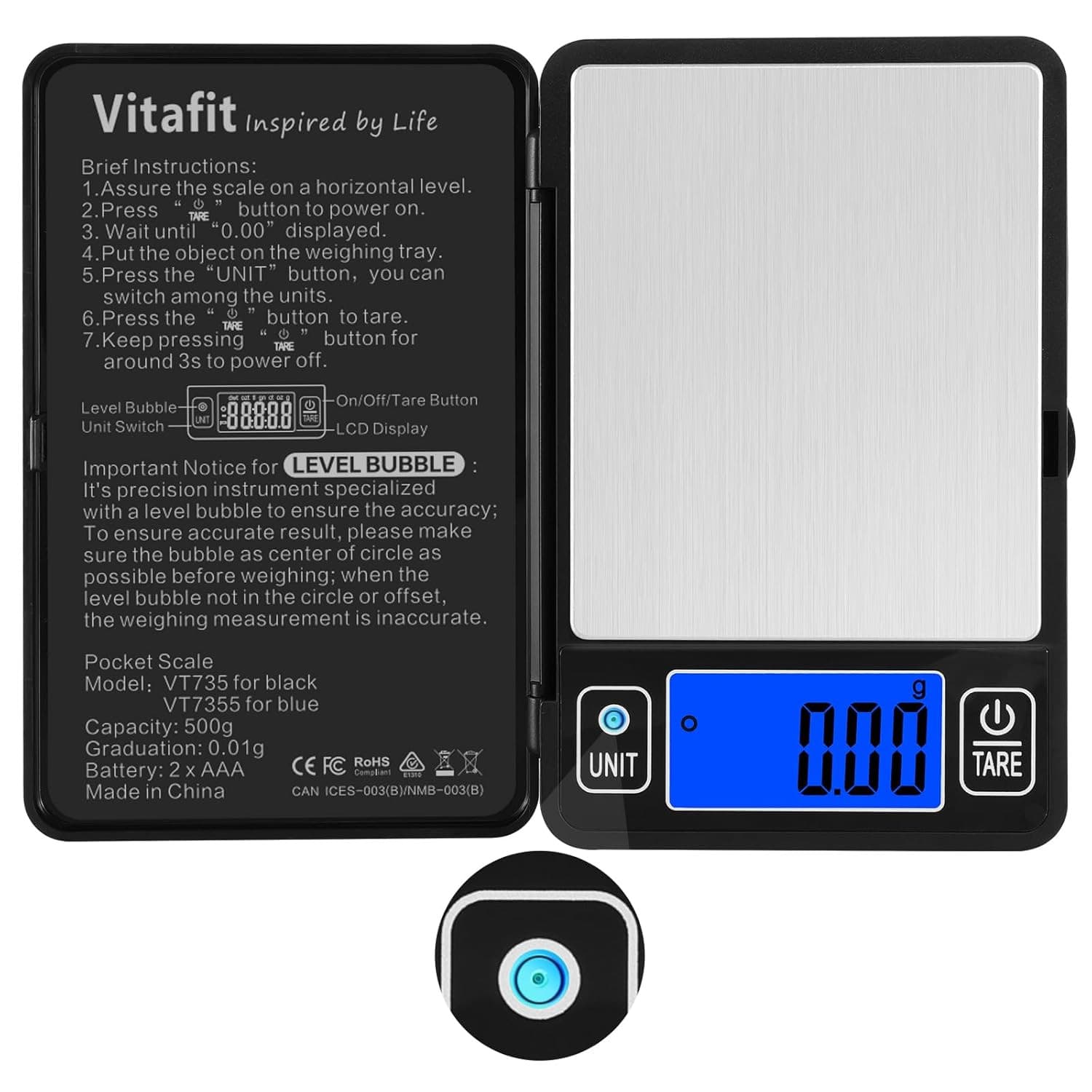 500G Digital Gram Scale in 0.01G, High Accuracy Assured by Built-In Level Bubble