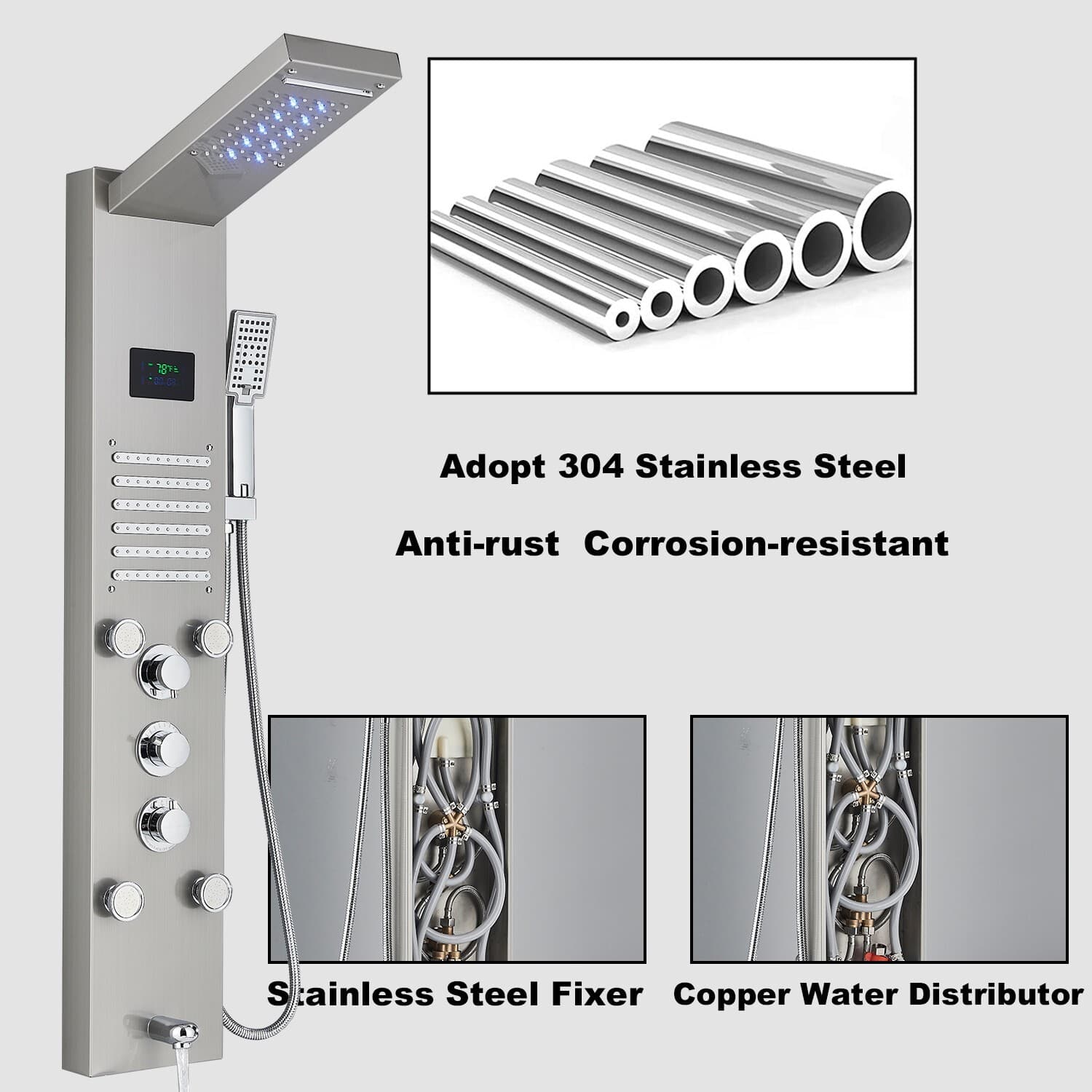 ELLO&ALLO Shower Panel Tower LED Rainfall Waterfall Massage System with Body Jet 5