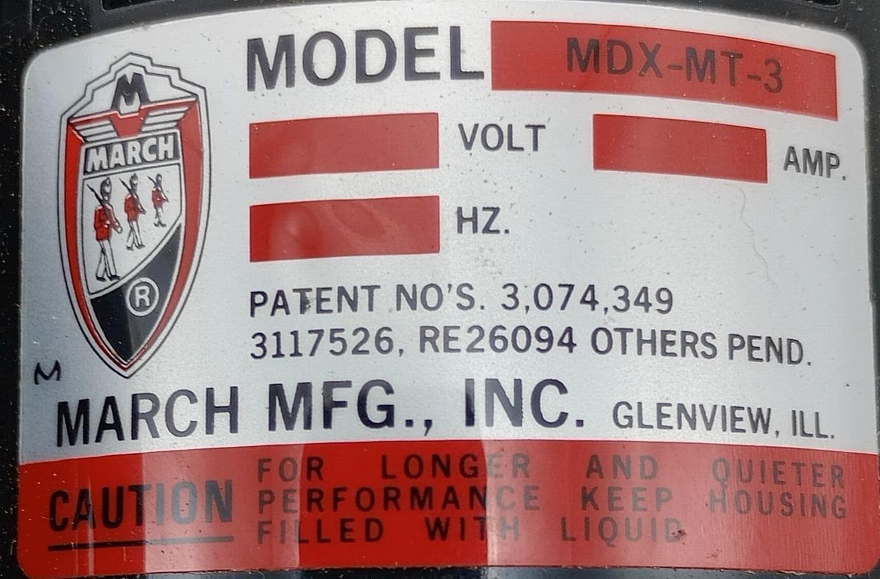 March MDX-MT-3 Magnetic Drive Pump 115V 50/60HZ 1.35A 3500RPM 1/25 HP 2