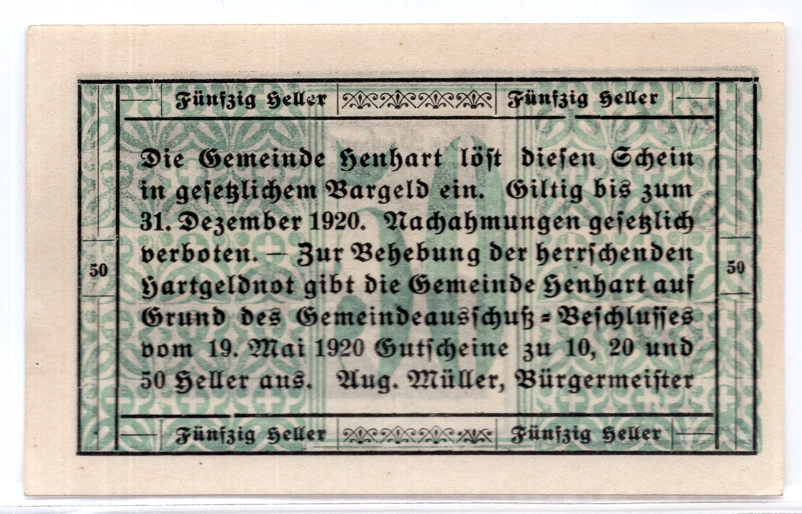 1920 Austria Henhart Notgeld 50 Heller Note (2805) 2