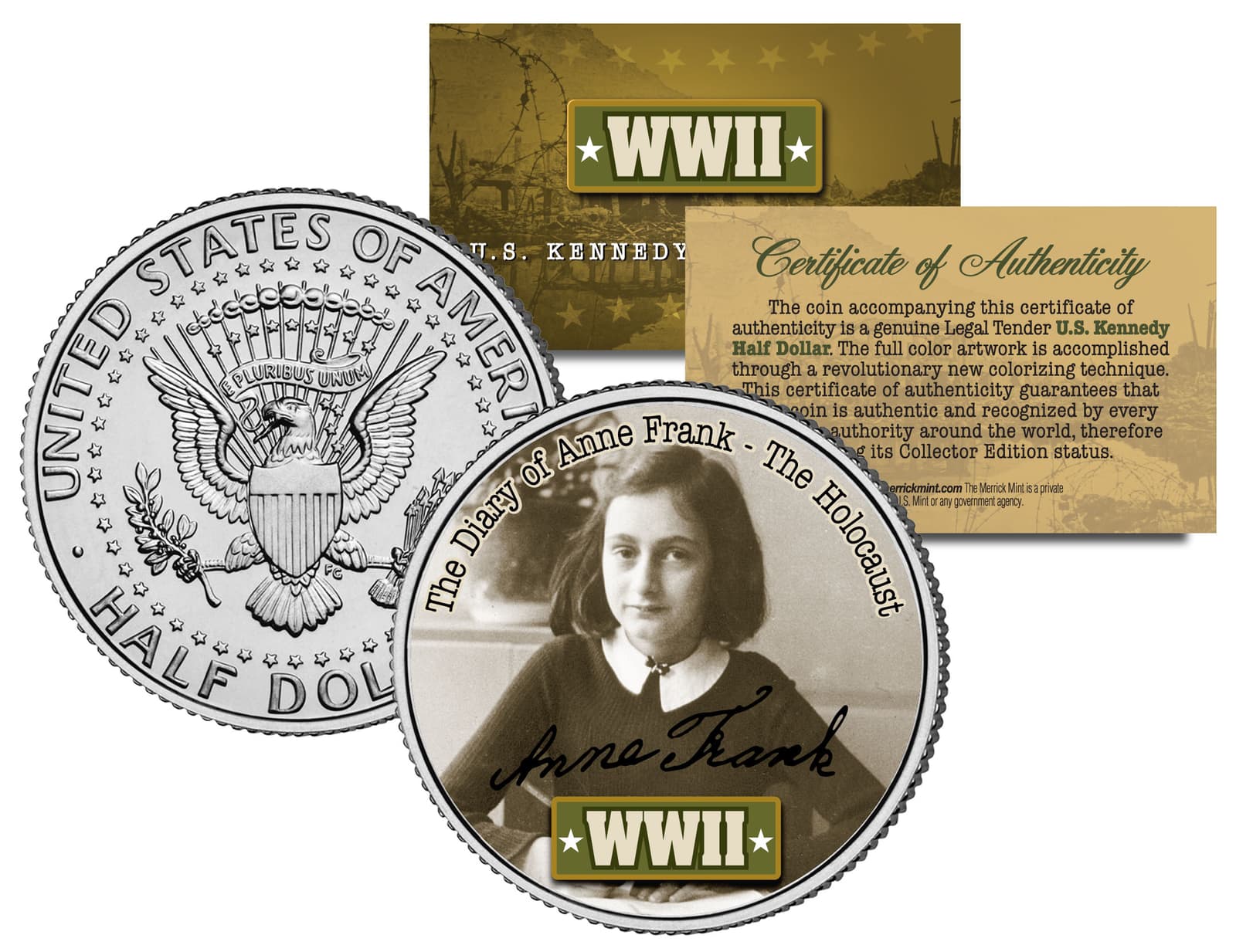 World War II ANNE FRANK Colorized JFK Half Dollar US Coin THE HOLOCAUST DIARY OF