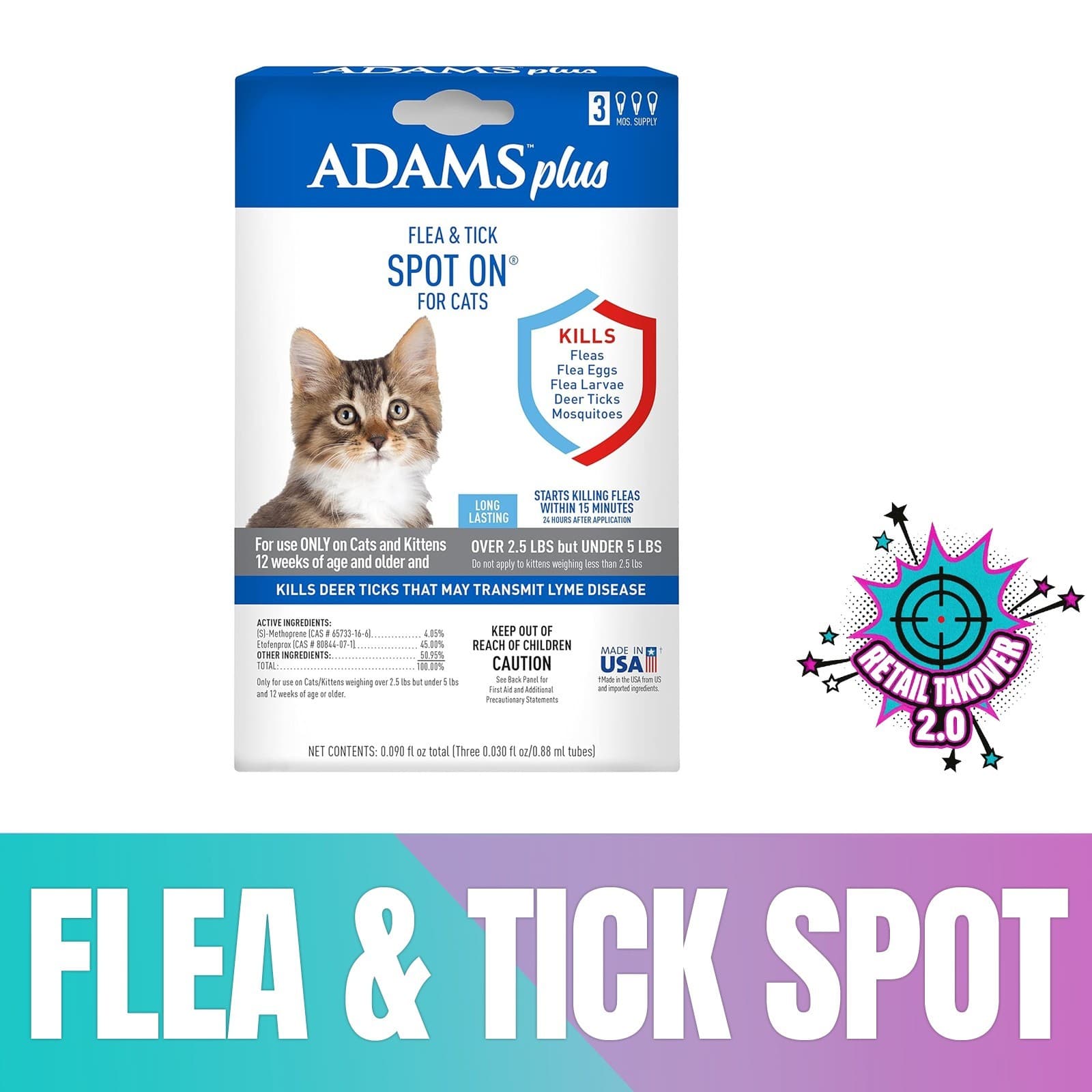 Adams Plus Flea & Tick Spot On for Cats Over 2.5 lbs but Under 5 Pounds 3 Month