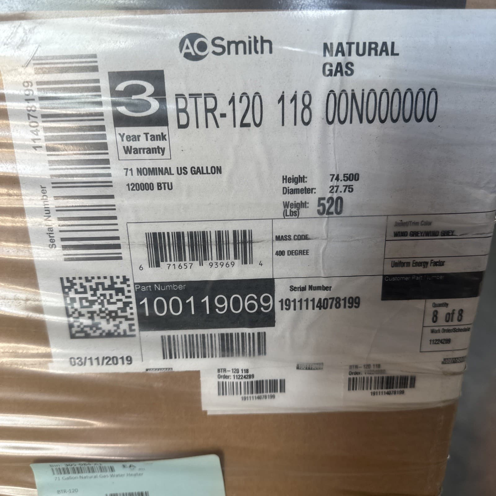 Year 2019 AO SMITH BTR-120 118 120K BTU NATURAL GAS WATER HEATER 71 Gallons 2