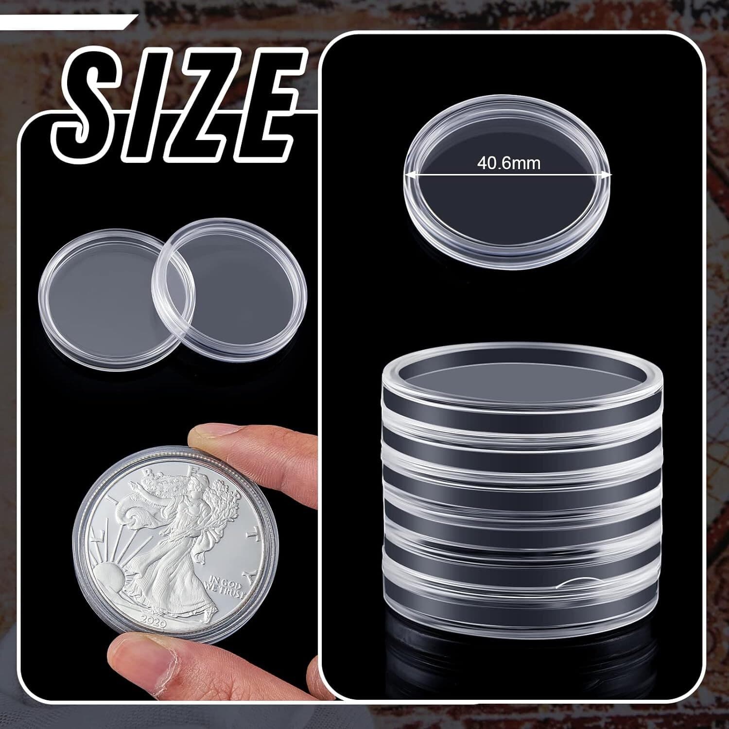 50X Coin Holder Capsules Case 40.6mm Clear for 1 Oz Silver Dollar w/ Storage Box 3