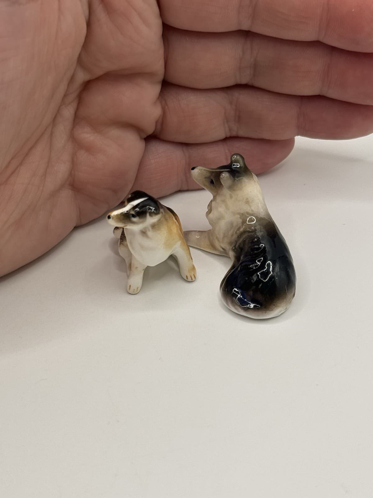 Vintage Porcelain Collie Sheltie Dog Figurine Pair Miniature Puppy Trinkets 3